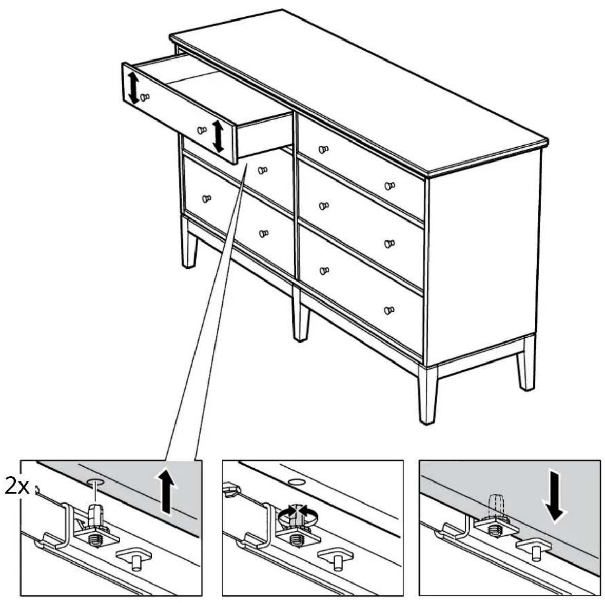 Technical diagram showing a cabinet with drawers and mounting brackets, including 2x magnified views of the structure.