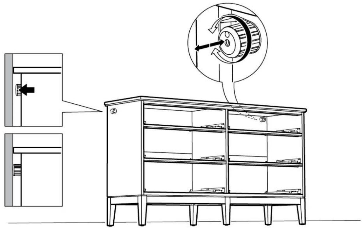 Technical diagram showing a cabinet with internal components and a rotating fan mechanism, including labeled parts and directional arrows.