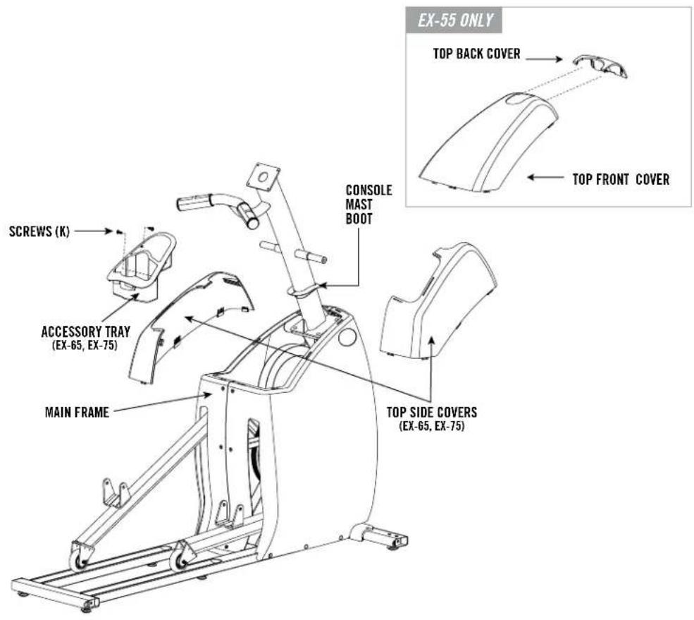 EX-55 ONLY TOP BACK COVER TOP FRONT COVER SCREWS (K) ACCESSORY TRAY (EX-65, EX-75) CONSOLE MAST BOOT MAIN FRAME TOP SIDE COVERS (EX-65, EX-75)
