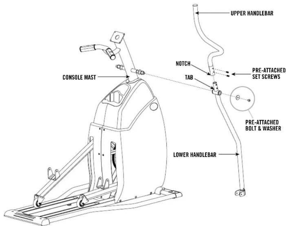 UPPER HANDLEBAR NOTCH TAB PRE-ATTACHED SET SCREWS PRE-ATTACHED BOLT & WASHER CONSOLE MAST LOWER HANDLEBAR
