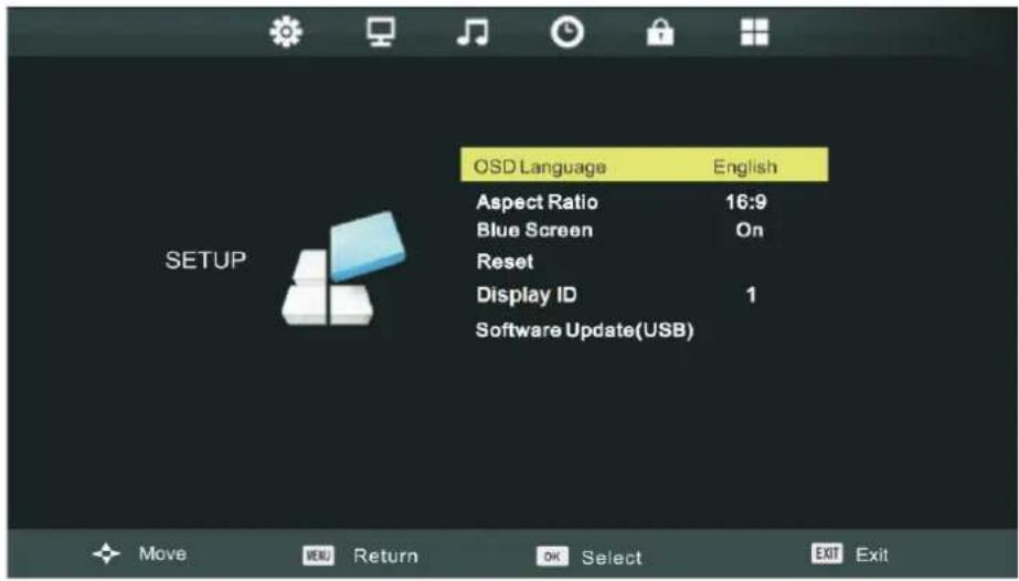 OSD Language English Aspect Ratio 16:9 Blue Screen On Reset Display ID 1 Software Update(USB) MOVE OK Return OK Select Exit Exit