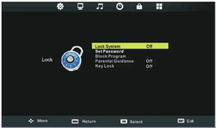 Lock System Set Password Block Program Parental Guidance Key Lock Off Off Move Return OK Select Exit