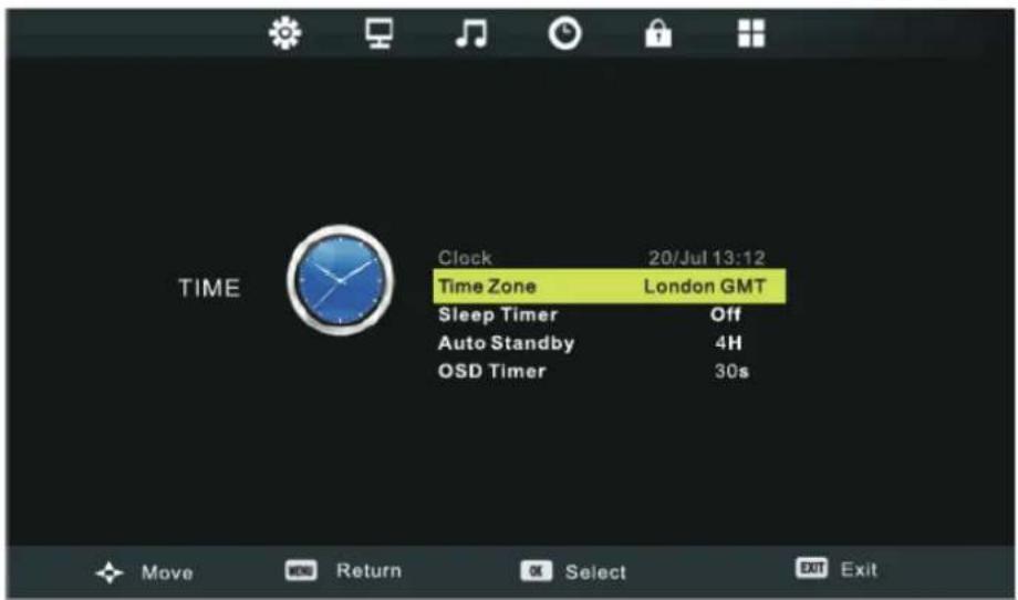 TIME Clock 20/Jul 13:12 Time Zone London GMT Sleep Timer Off Auto Standby 4H OSD Timer 30s