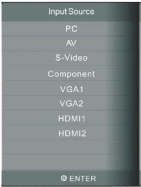 Input Source PC AV S-Video Component VGA1 VGA2 HDMI1 HDMI2 © ENTER