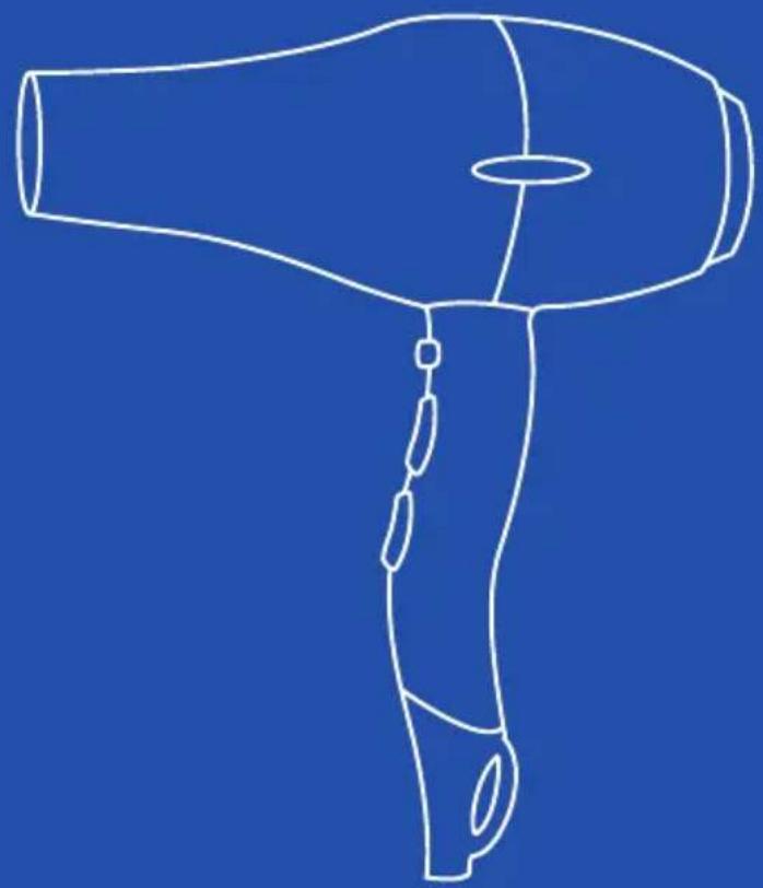 Line drawing of a hair dryer against a solid blue background (no text or symbols)