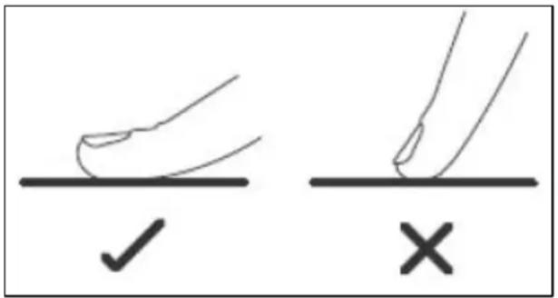 Diagram showing two hand positions on a line with checkmark and cross symbols, likely indicating correct and incorrect states.