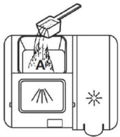 Diagram illustrating a powder being poured into a container with labeled components and directional arrows