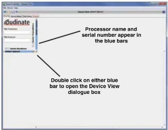 Audinate File Summary File Resources Audio Recyclebox Audio Recyclebox Processor name and serial number appear in the blue bars Double click on either blue bar to open the Device View dialogue box