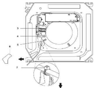 Technical diagram of a device with numbered components and an inset close-up view showing mechanical assembly.