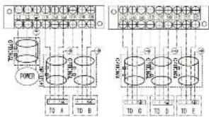 Electrical schematic diagram showing two configurations of a device with labeled terminals and internal components.