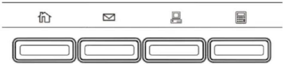 Diagram showing five labeled icons: home, email, computer, and calculator, arranged horizontally above a row of rectangular buttons.