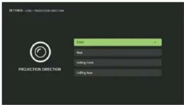 SETTINGS → FINS → PROJECTION DIRECTOR PROJECTION DIRECTION Front Rear Ceiling Front Ceiling Rear