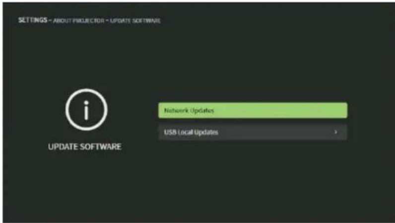 SETTINGS - ABOUT PROJECTOR - UPDATE SOFTWARE i Network Updates USB Local Updates UPDATE SOFTWARE