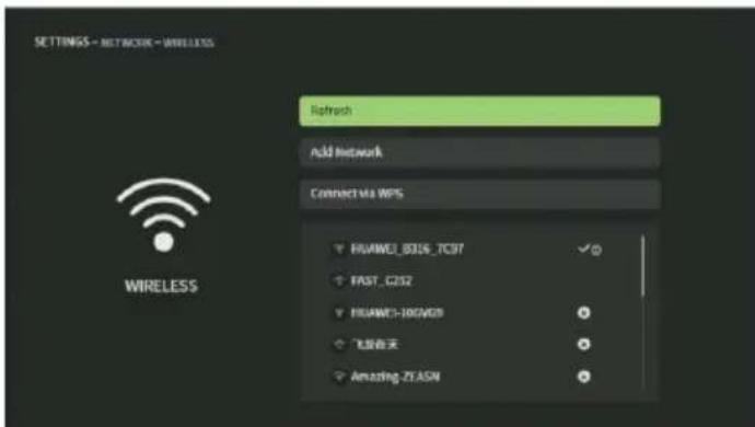 SETTINGS - NETWORK - WIRELESS Refresh Add Network Connect Web WPS FIUWEI_B316_TC97 FAST_G252 FIUWEI-100W09 飞度音天 Amazing-ZEASN WIRELESS