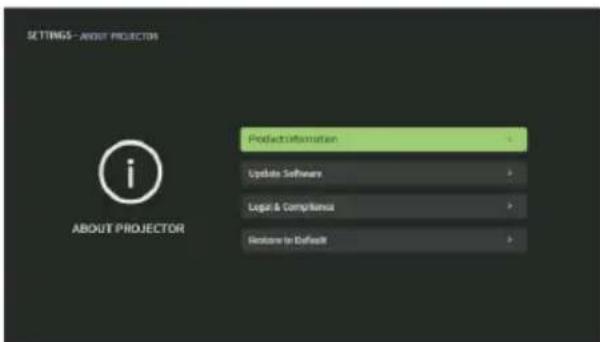 SETTINGS - ABOUT PROJECTOR ABOUT PROJECTOR Product Information Update Software Legal & Compliance Features In Default