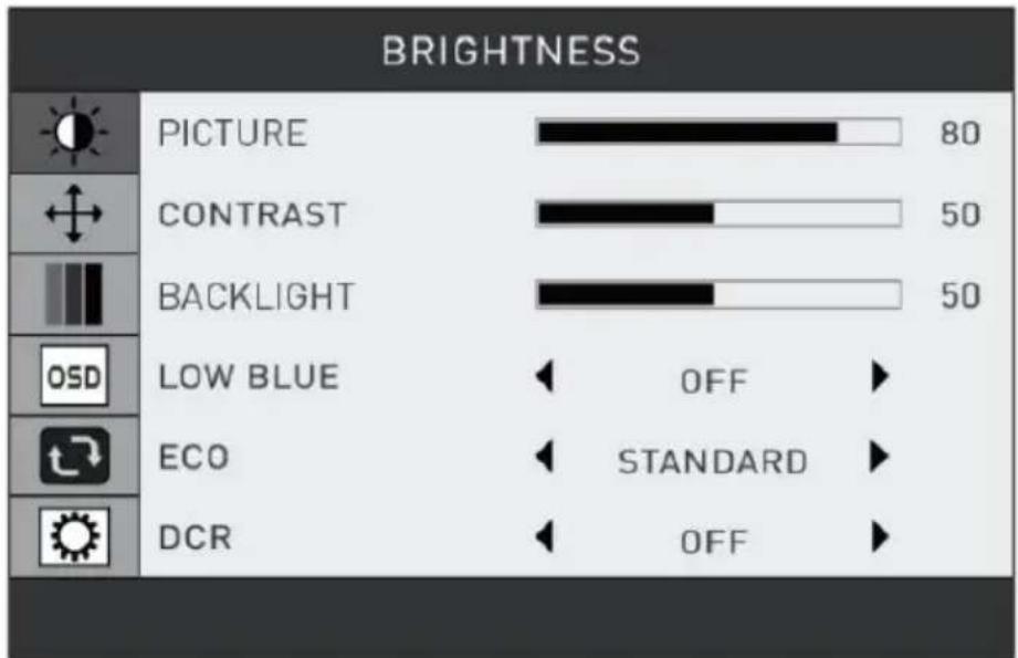 BRIGHTNESS PICTURE 80 CONTRAST 50 BACKLIGHT 50 LOW BLUE OFF ECO STANDARD DCR OFF