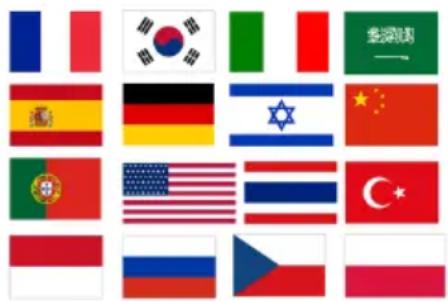 Collection of national flags including France, South Korea, Italy, China, Spain, Germany, Israel, USA, Thailand, Turkey, Russia, Philippines, and Poland.