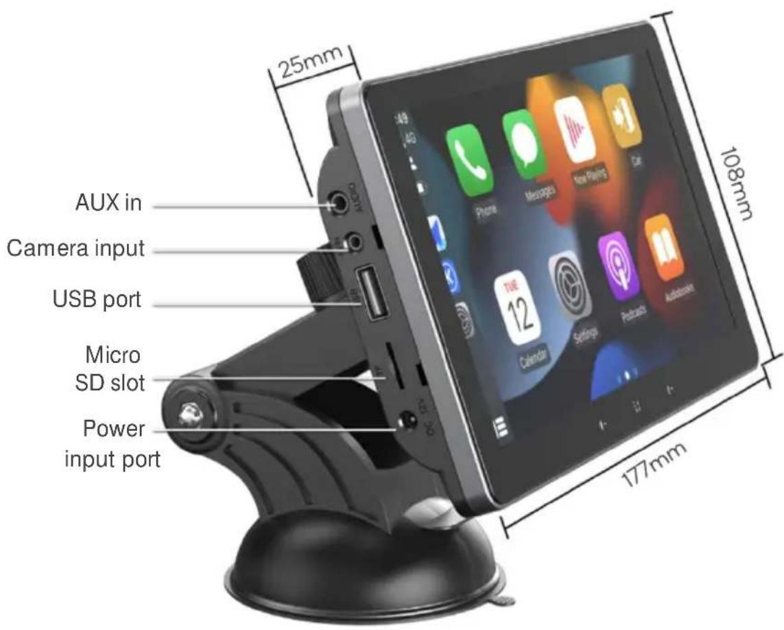 25mm 108mm 177mm AUX in Camera input USB port Micro SD slot Power input port