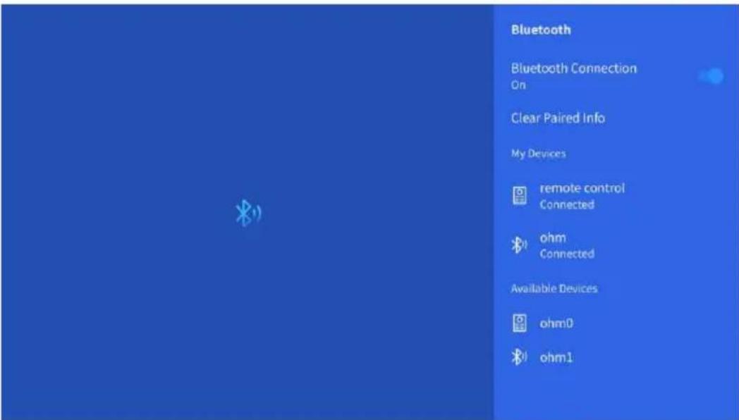 Bluetooth Bluetooth Connection On Clear Paired Info My Devices remote control Connected ohm Connected Available Devices ohm0 ohm1