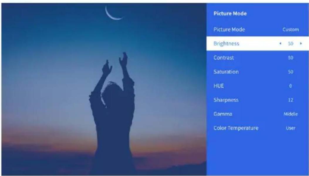 Picture Mode Picture Mode Custom Brightness 50 Contrast 50 Saturation 50 HUE 0 Sharpness 12 Gamma Middle Color Temperature User