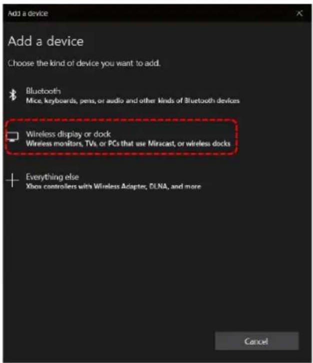 Add a device Add a device Choose the kind of device you want to add. Bluetooth Mice, keyboards, pens, or audio and other Kinds of Bluetooth devices Wireless display or dock Wireless monitors, TVs, or PCs that use Miracast, or wireless docks Everything else Xbox controllers with Wireless Adapter, DLNA, and more Cancel
