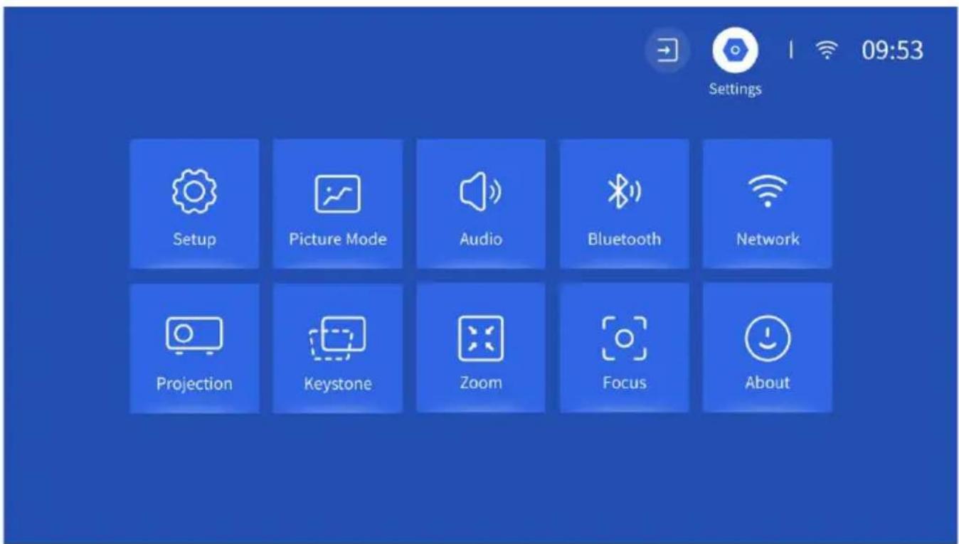 Settings Setup Picture Mode Audio Bluetooth Network Projection Keystone Zoom Focus About