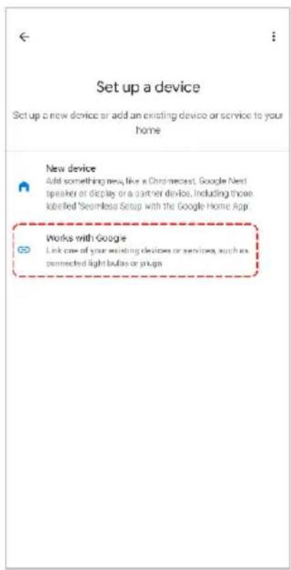 Set up a device Set up a new device or add an existing device or service to your home New device Add something new, like a Chimercast, Google Next speaker or display or a partner device, Including those labelled Seamless Soup with the Google Home App. Works with Google Link one of your existing devices or services, such as connected light bulbs or plugs