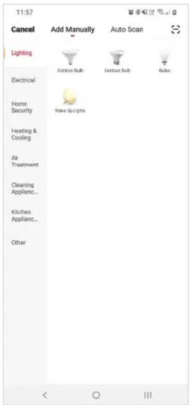 11:57 Cancel Add Manually Auto Scan Lighting Electrical Home Security Wake Up Lights Heating & Cooling Air Treatment Cleaning Appliance... Kitchen Appliance... Other < O III