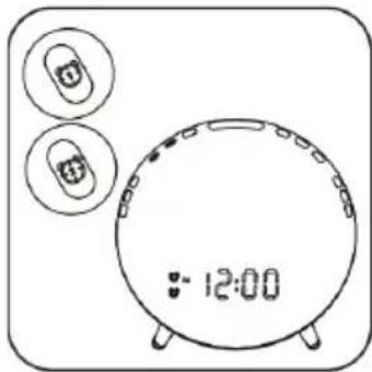 Simple line drawing of a digital alarm clock with two circular icons above it, showing time and duration.