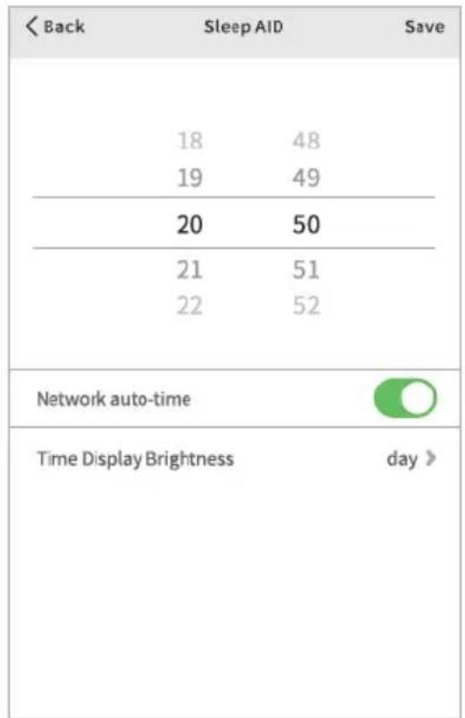 < Back Sleep AID Save 18 48 19 49 20 50 21 51 22 52 Network auto-time Time Display Brightness day >