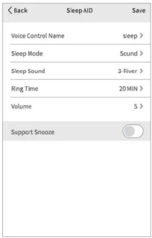 < Back Sleep AID Save Voice Control Name sleep > Sleep Mode Sound > Sleep Sound 3-River > Ring Time 20 MIN > Volume 5 > Support Snooze