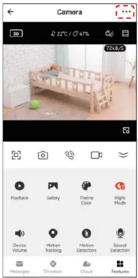Camera 5D 22°C / 47% 72kB/S Playback Gallery Theme Color Night Mode Device Volume Motion Tracking Motion Detection Sound Detection Messages Direction Cloud Features