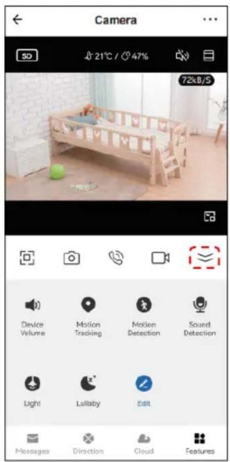 Camera SD 21°C / 47% 72kB/S Device Volume Motion Tracking Motion Detection Sound Detection Light Lallaby Edit Messages Direction Cloud Features