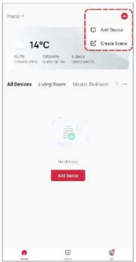 Home * 14°C Add Device Create Scene 41.7% 100ShPa 6.0m/s Support Humidity Custom Air Lines Option Wing Up. All Devices Living Room Master Bedroom S ... No devices Add Devices