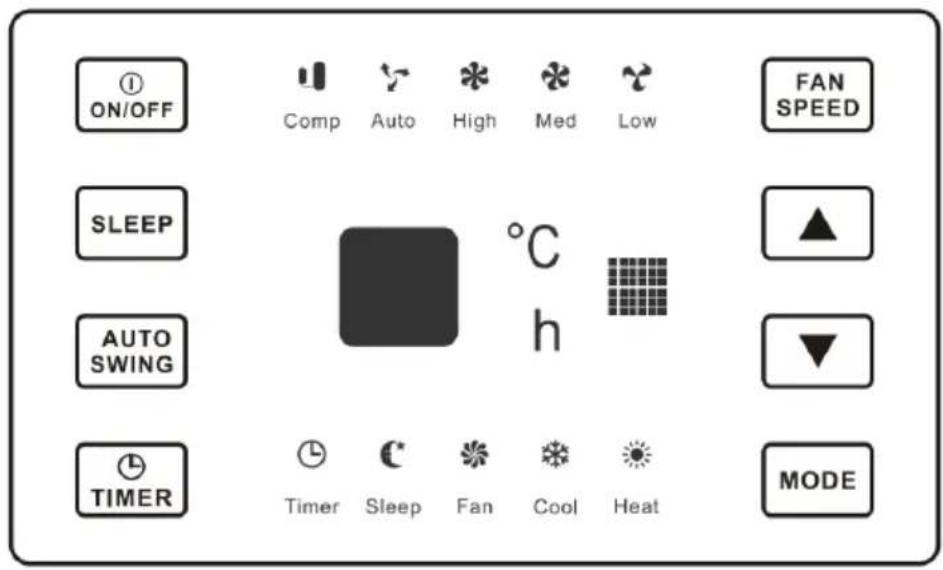 ON/OFF Comp Auto High Med Low SLEEP AUTO SWING TIMER Timer Sleep Fan Cool Heat °FAN SPEED °C h MODE