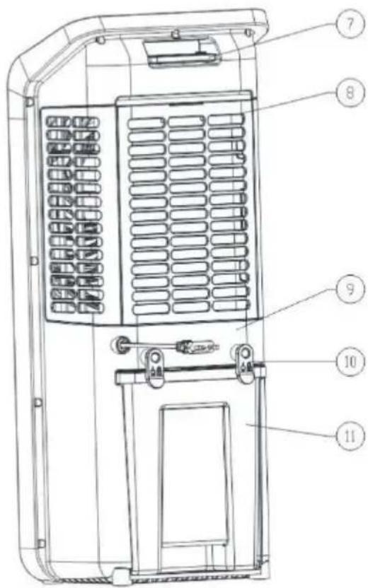Technical diagram of a refrigerator internal structure with numbered labels pointing to different compartments and parts.