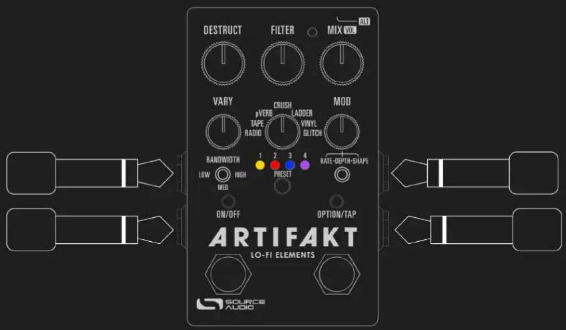 DESTRUCT FILTER MIX VOL ALT VARY CRUSH MOD ΔVERB TAPE RADIO LADDER VINYL GLITCH BANOWIDTH 1 2 3 4 LOW HIGH PRESET RATE-DEPTH-SHAPE MED ON/OFF OPTION/TAP ARTIFAKT LO-FI ELEMENTS SOURCE AUDIO