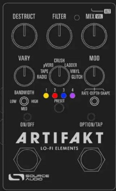DESTRUCT FILTER MIX VOL ALT VARY CRUSH LADDER VINYL GLITCH MOD pVERB TAPE RADIO 1 2 3 4 PRESET RATE-DEPTH-SHAPE BANOWIDTH LOW HIGH MED ON/OFF OPTION/TAP ARTIFAKT LO-FI ELEMENTS SOURCE AUDIO