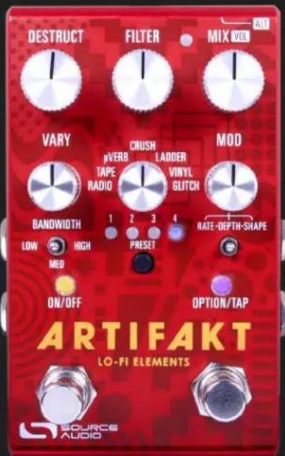 DESTRUCT FILTER MIX VOL VARY CRUSH LADDER MOD pVERB TAPE RADIO VINYL GLITCH BANOWIDTH 1 2 3 4 LOW HIGH MEO ON/OFF PRESET RATE-DEPTH-SHAPE OPTION/TAP ARTIFAKT LO-FI ELEMENTS SOURCE AUDIO