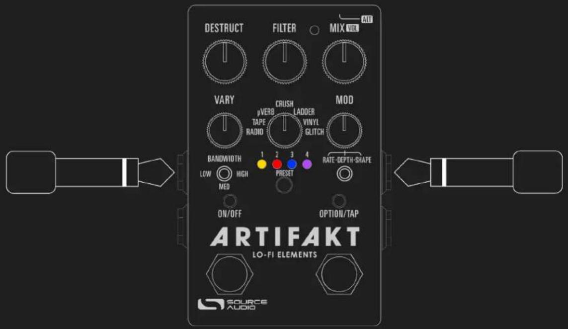 DESTRUCT FILTER MIX VOL AVY V/VERB TAPE RADIO CRUSH LADDER VINYL GLITCH MOD BANDWIDTH 1 2 3 4 LOW HIGH PRESET RATE-DEPTH-SHAP MED ON/OFF OPTION/TAP ARTIFAKT LO-FI ELEMENTS SOURCE AUDIO