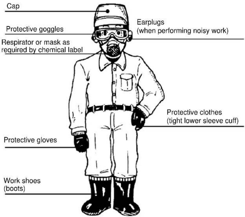 Cap Protective goggles Respirator or mask as required by chemical label Earplugs (when performing noisy work) Protective clothes (tight lower sleeve cuff) Protective gloves Work shoes (boots)
