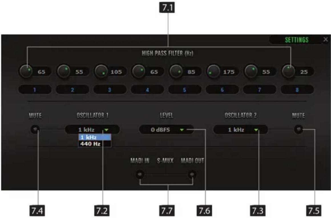7.1 HIGH PASS FILTER (Hz) 65 55 105 65 85 175 55 25 1 2 3 4 5 6 7 8 MUTE OSCILLATOR 1 LEVEL OSCILLATOR 2 MUTE 1 kHz 1 kHz 440 Hz 0 dBFS 1 kHz MADI IN S-MUX MADI OUT 7.4 7.2 7.7 7.6 7.3 7.5