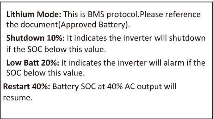 Lithium Mode: This is BMS protocol.Please reference the document(Approved Battery). Shutdown 10%: It indicates the inverter will shutdown if the SOC below this value. Low Batt 20%: It indicates the inverter will alarm if the SOC below this value. Restart 40%: Battery SOC at 40% AC output will resume…