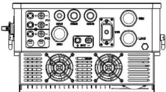 Technical diagram of an electronic device front panel with labeled ports and fan elements