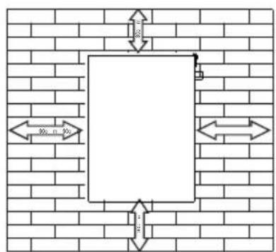 Technical diagram showing a rectangular component mounted on a brick wall, with dimension annotations and directional arrows indicating measurements.