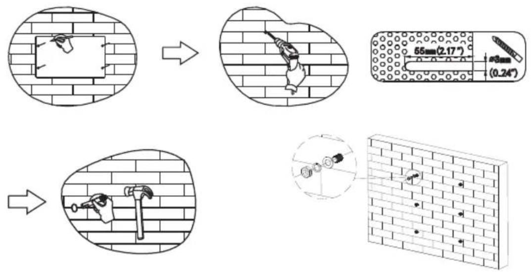 Diagram illustrating brick wall installation steps with magnified views and dimension annotations