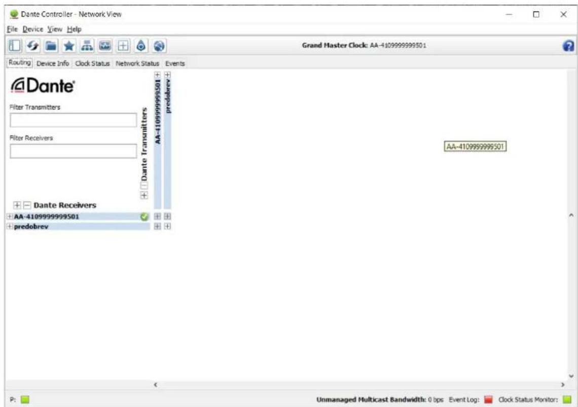 Dante Controller - Network View File Device View Help Grund Master Clock: AA-4109999999501 Routing Device Info Clock Status Network Status Events Dante® Filter Transmitters Filter Receivers Dante Receivers AA-4109999999501 predobrev AA-4109999999501 P: Unmanaged Multicast Bandwidth: 0 bps Event Log: Clock Status Monitor: