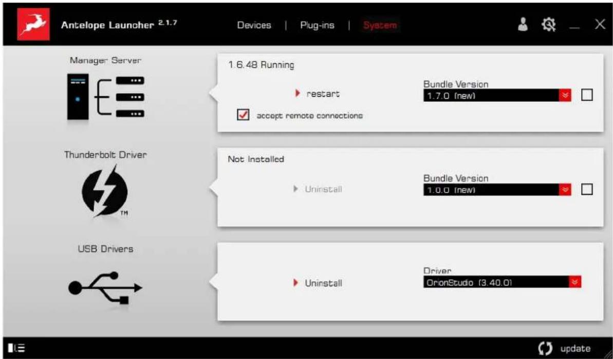 Antelope Launcher 2.1.7 Devices | Plug-ins | System Manager Server 1.6.48 Running restart Bundle Version 1.7.0 (new) accept remote connections Thunderbolt Driver TM Not Installed Uninstall Bundle Version 1.0.0 (new) USB Drivers Uninstall Driver OrionStudio (3.40.0) update