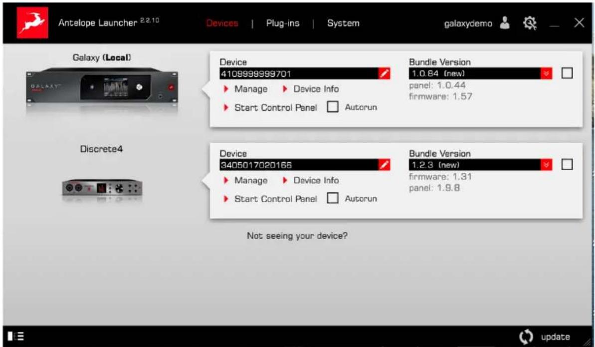 Antelope Launcher 2.2.10 Devices | Plug-ins | System galaxydemo Galaxy (Local) Device 410999999701 Manage Device Info Start Control Panel Autorun Bundle Version 1.0.84 (new) panel: 1.0.44 firmware: 1.57 Discrete4 Device 3405017020166 Manage Device Info Start Control Panel Autorun Bundle Version 1.2.3 (new) firmware: 1.31 panel: 1.9.8 Not seeing your device?