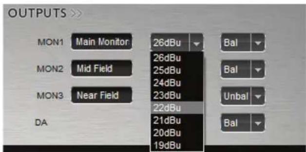 OUTPUTS >> MON1 Main Monitor 26dBu Bal MON2 Mid Field 26dBu Bal MON3 Near Field 25dBu Bal 24dBu Unbal 23dBu 22dBu Bal DA 21dBu 20dBu 19dBu